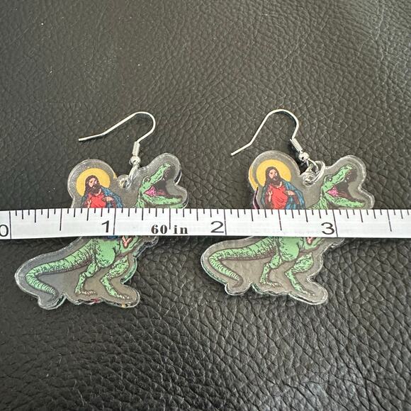 Jesus Riding a T-Rex Comedy Funny earrings - Picture 4 of 4